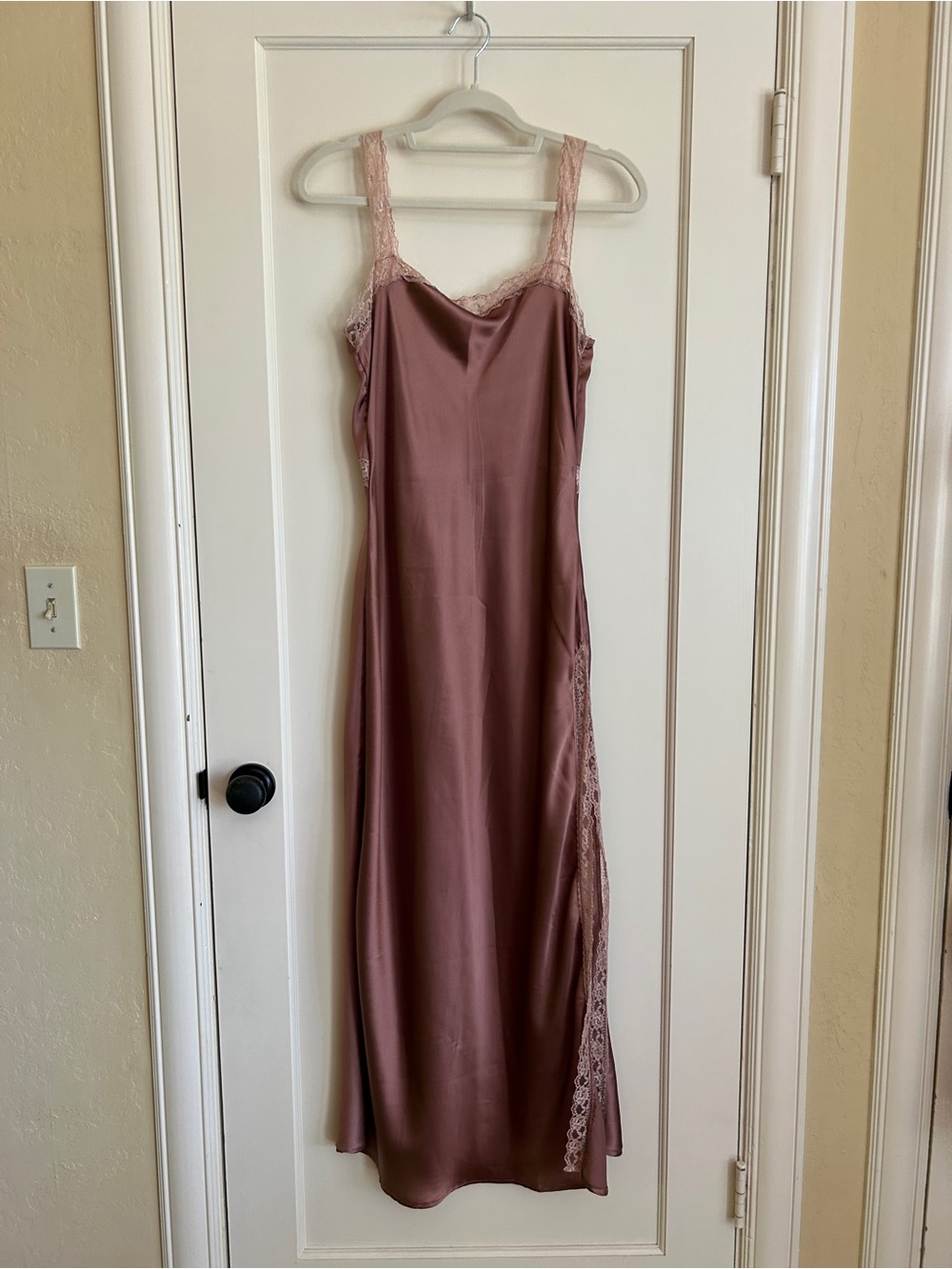 Anthropologie Mauve Satin Lace-Trim Slip Dress